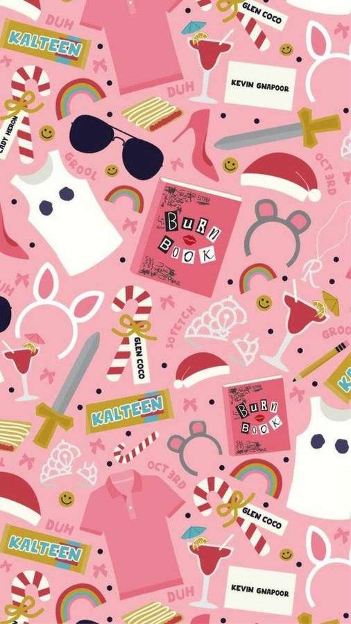 Rosa Tapete mit verstreuten Popkultur-Ikonen wie Burn Books und Lutschern. — Ästhetisch, Mädchenhaft Wallpaper