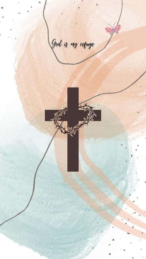 Ein schwarzes Kreuz mit Dornenkrone auf Aquarellhintergrund mit Schmetterling und dem Text Gott ist meine Zuflucht. — Ästhetischer Jesus Wallpaper
