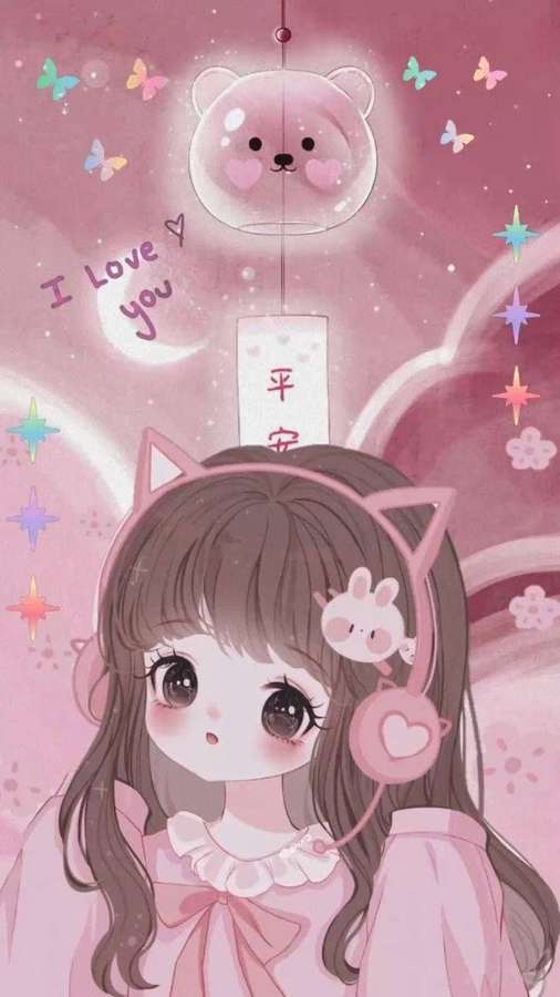 Ein Mädchen mit Katzenohren und rosa Kopfhörern in einem magischen rosa Himmel mit Schmetterlingen und Sternen. — Ästhetischer Rosa Anime Wallpaper