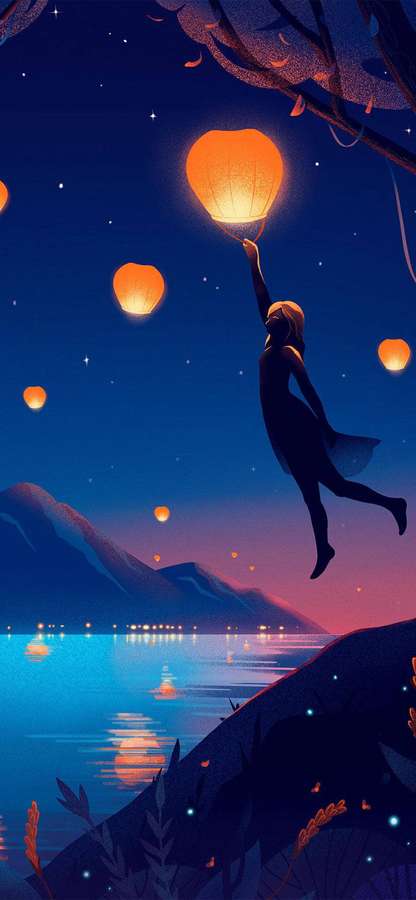 Mädchen entlässt glühende Laternen über einem sternenklaren See in der Nacht. — Ästhetisches iPhone Wallpaper