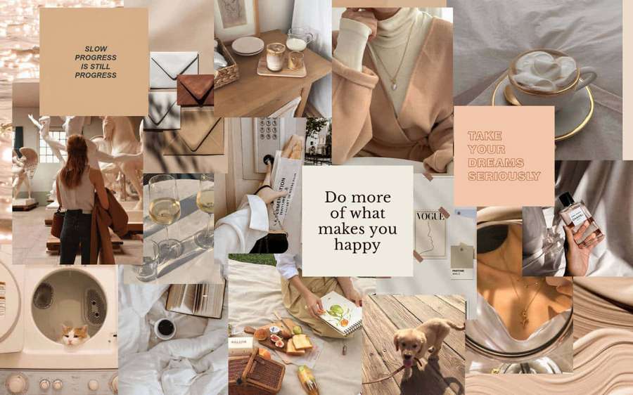 Eine Collage mit gemütlichen Lifestyle-Szenen, motivierenden Zitaten und Alltagsgegenständen in Beigetönen. — Ästhetisches Moodboard Wallpaper