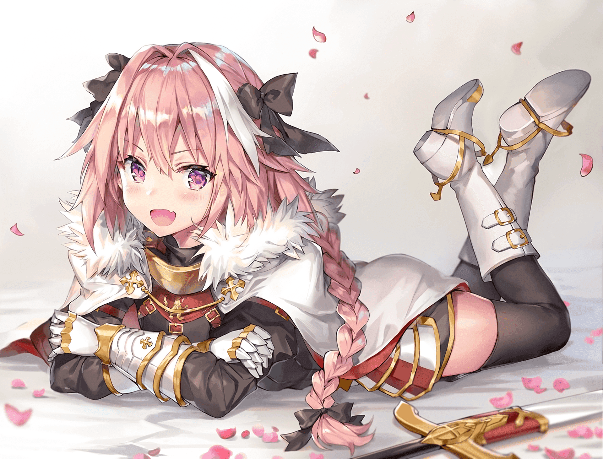 Anime girl in armor lying on floor with pink petals and sword nearby. — Astolfo Background