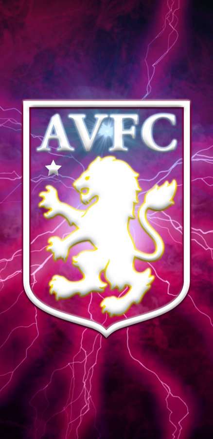 Aston Villa FC Wappen mit einem weißen Löwen auf einem lila Blitzhintergrund. — Aston Villa Bilder