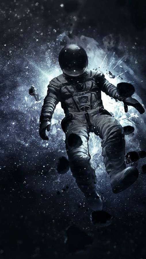 Un astronauta solitario a la deriva en el espacio entre estrellas y escombros flotantes con una explosión detrás. — Astronauta Fondos de pantalla
