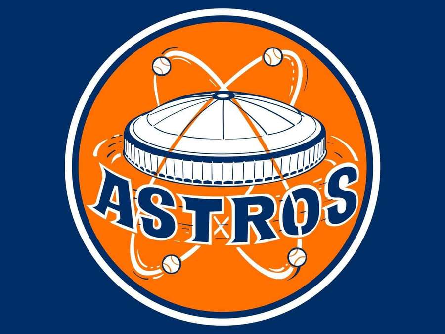 Baseball team logo with cap and orbiting baseballs on orange and blue background. — Astros Background
