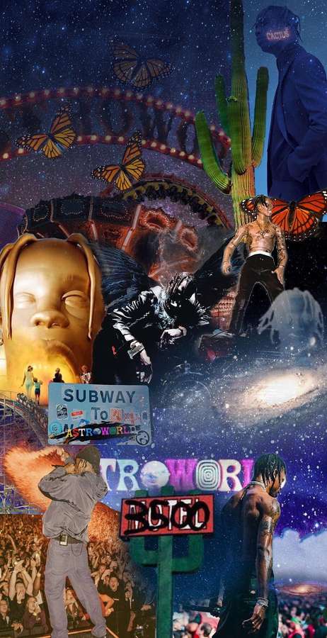 Surreale kosmische Collage mit Travis Scott, Schmetterlingen, Kakteen und Neonlichtern unter Sternen. — Astrowelt Wallpaper