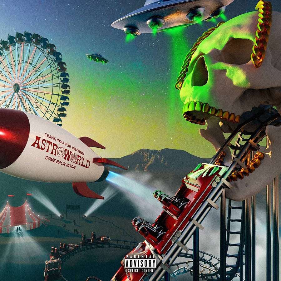 Montanha-russa gigante de caveira à noite com OVNIs e um foguete lendo AstroWorld — Astroworld Papéis de Parede
