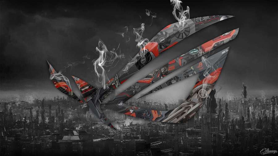 A mechanical dragon with red accents flies over a dark futuristic city. — Asus Rog Background