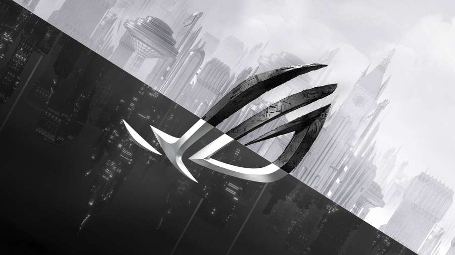 Gaming-Logo über futuristischer Stadtsilhouette in Schwarz und Weiß — Asus Rog Bilder