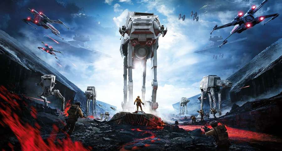Soldier confronts AT-AT walkers and X-wing fighters on a volcanic battlefield. — At-at Wallpaper