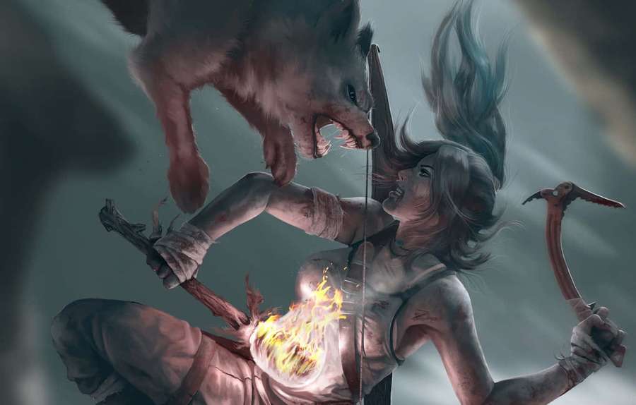 Una guerrera de pelo azul lucha contra un lobo con una antorcha llameante y un piolet en una tormenta. — Ataque de lobos Fondos de pantalla