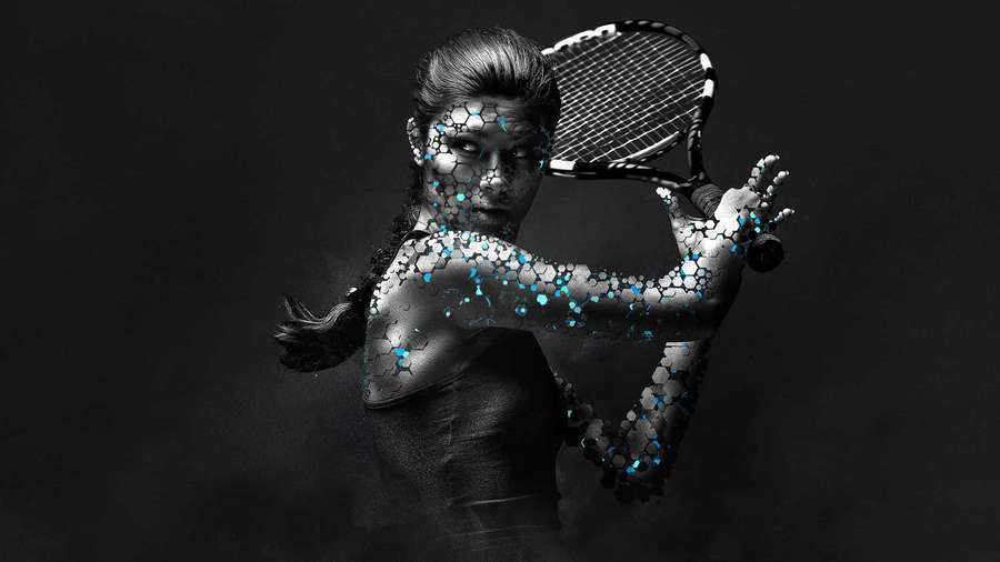 Tennis player with glowing molecular design on skin holding racket. — Athletic Background
