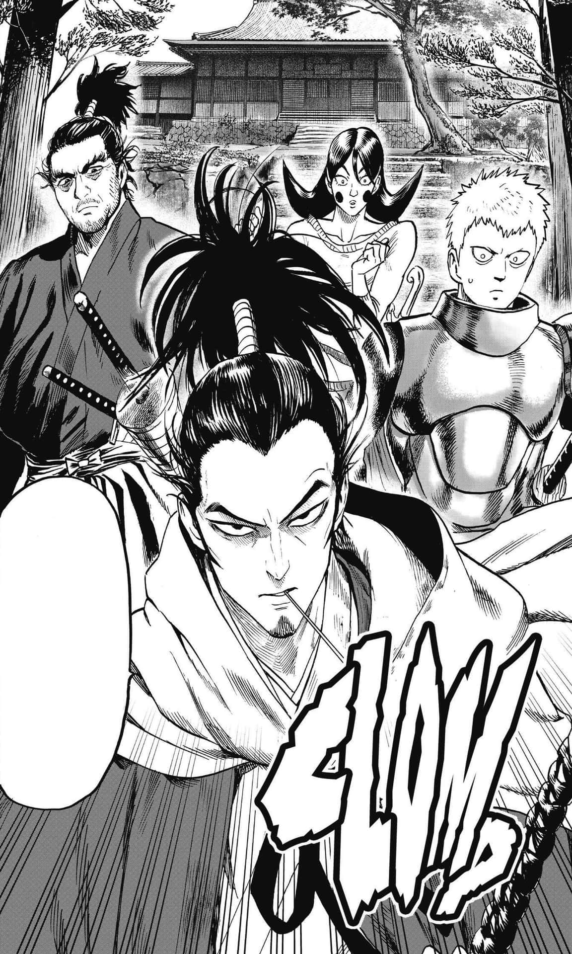 Fire anime-krigere i tradisjonelt japansk utstyr står klare for kamp nær et tempel. — Atomisk Samurai Bakgrunner