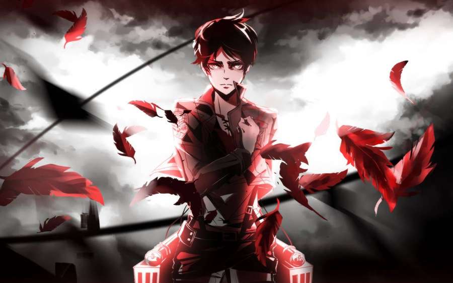 Anime character in red armor surrounded by falling red feathers against a stormy backdrop. — Attack On Titan Background