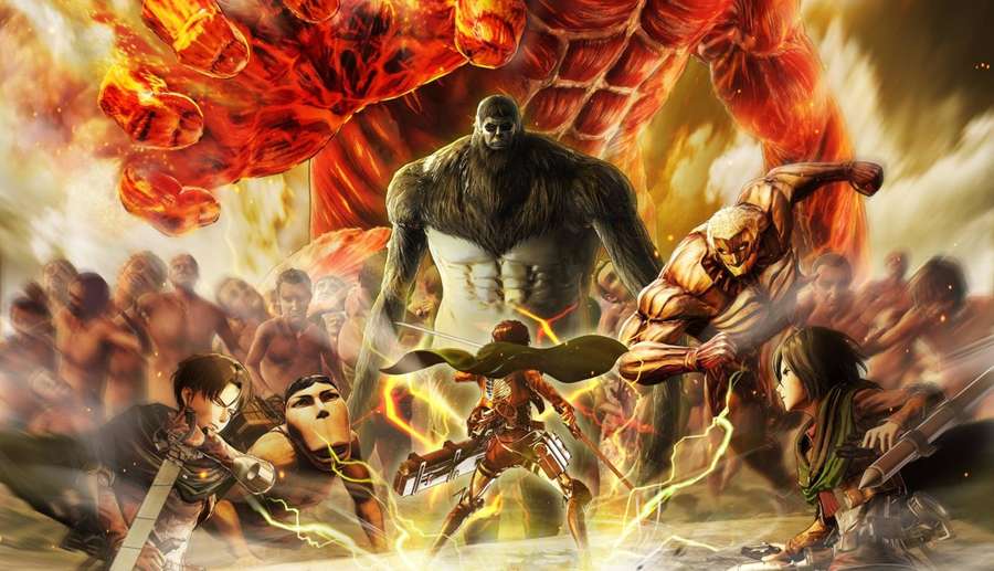 Anime warriors fight giant fiery titans in explosive battle scene. — Attack On Titans 4K Wallpaper