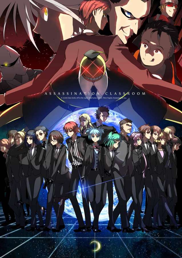Anime-Gruppe in schwarzen Anzügen auf einem Sternenboden, mit einem Riesen, der hinter ihnen aufragt. — Attentat Wallpaper