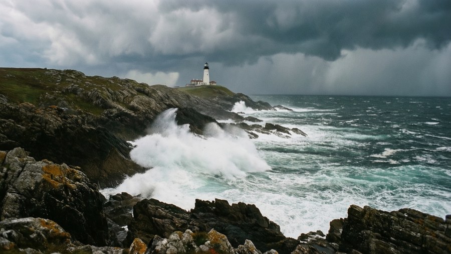 Dramatic August coastline with lighthouse and stormy sky. — August Desktop Picture