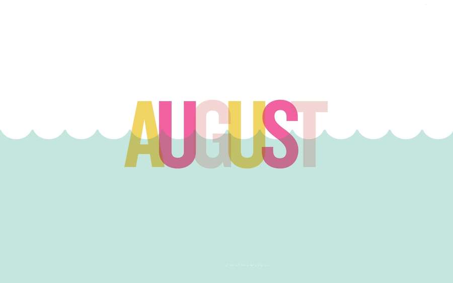 Colorful August text above a mint green wave graphic. — August Desktop Wallpaper