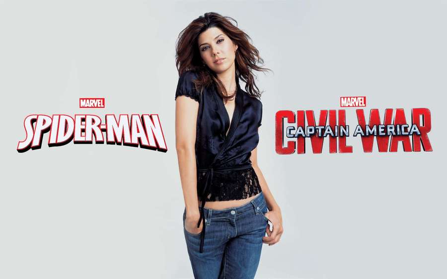 Woman posing between Spider-Man and Captain America Civil War movie logos. — Aunt May Wallpaper