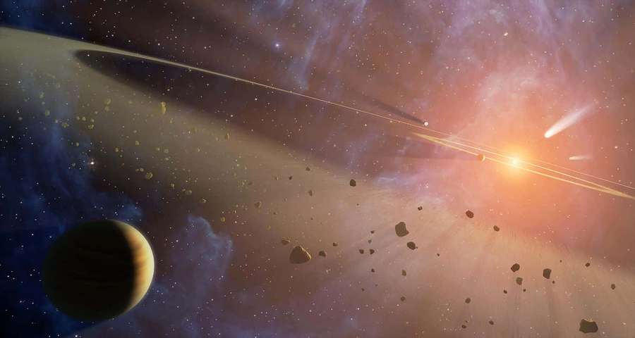Hehkuva aurinko valaisee asteroideja ja rengasplaneettaa värikkäässä sumussa. — Aurinkokunta HD Taustakuvat