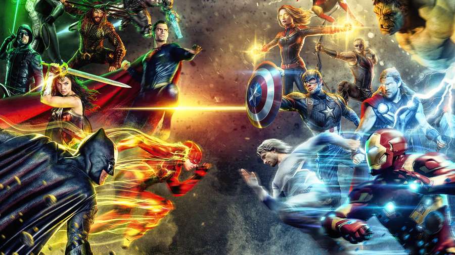 Superhelden in dynamischem Kampf mit glühenden Energieeffekten. — Avengers Bilder
