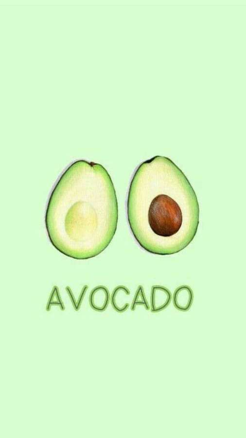 Zwei Avocadohälften mit Kern auf mintgrünem Hintergrund mit dem Wort Avocado darunter. — Avocado iPhone Wallpaper