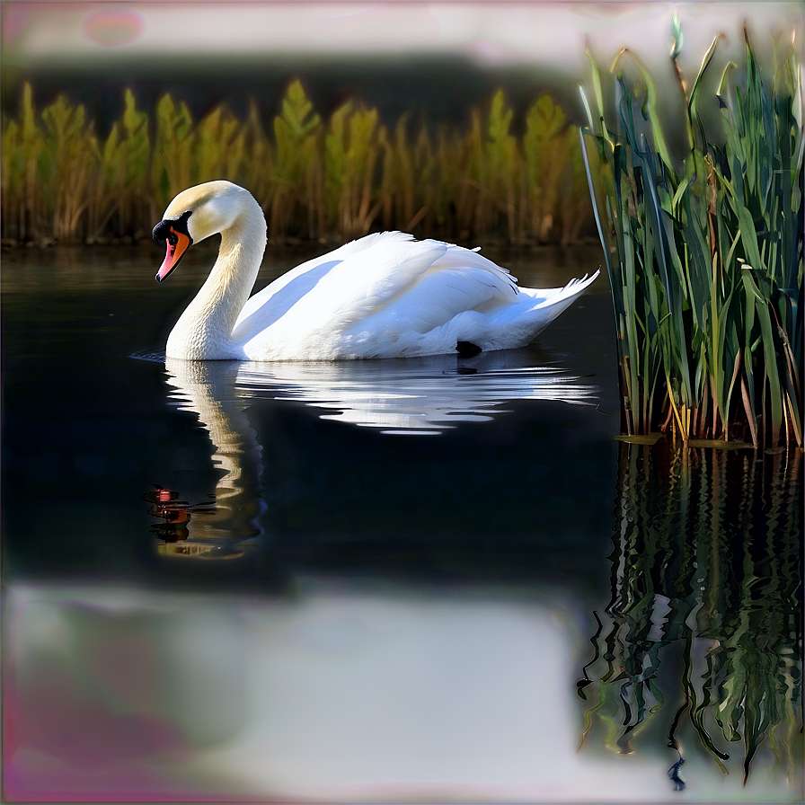 A white swan floats peacefully on water with reeds and reflections. — Awan PNG