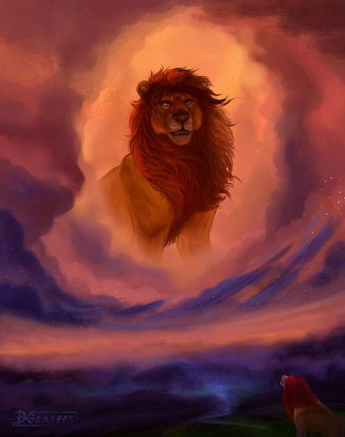 A lion floats in a cosmic sky as a smaller lion looks up in awe. — Awesome Animal Background