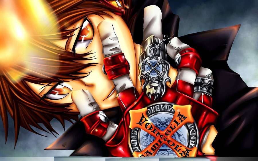 Anime character with fiery hair and glowing eyes holding Vongola sword and shield. — Awesome Pfp Wallpaper