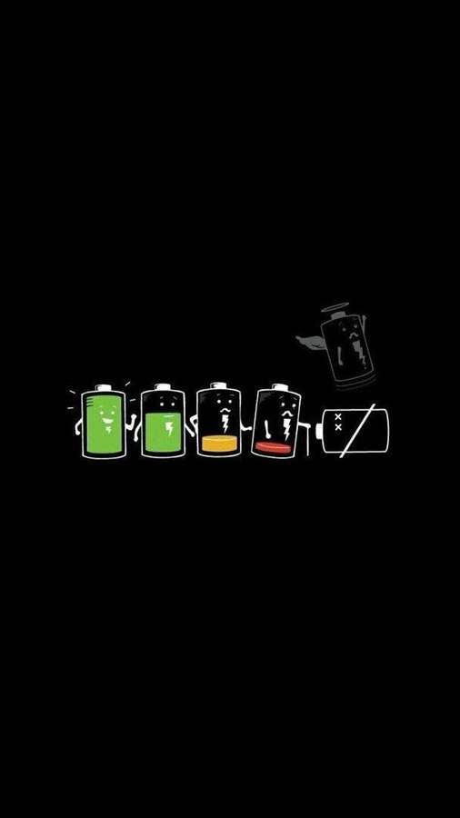 Five cartoon batteries with faces showing decreasing charge levels from full to dead. — Awesome Phone Wallpaper