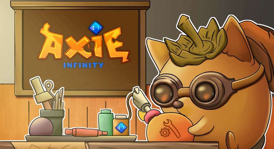 Axie character in goggles holding tool at workbench with Axie Infinity sign. — Axie Background