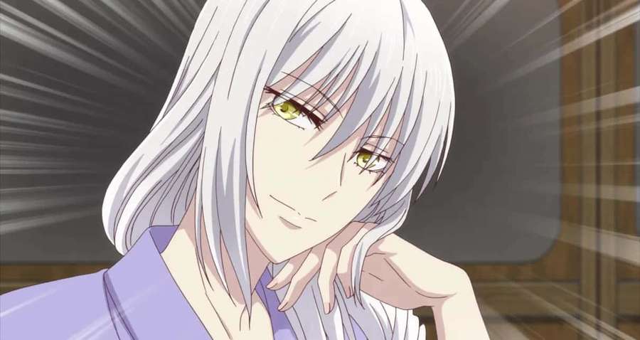 Anime character with silver hair and golden eyes resting chin on hand. — Ayame Sohma Wallpaper