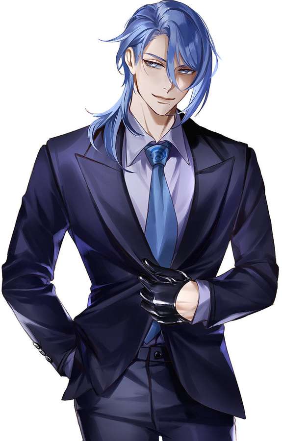 Anime man in dark suit and blue tie adjusting jacket with black gloves. — Ayato Wallpaper