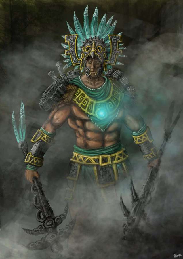 Mystical Aztec warrior in green and gold armor holding weapons in misty forest. — Aztec Warrior Wallpaper
