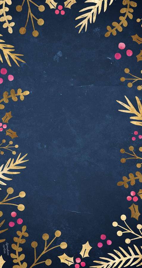 Borda festiva de feriado com azevinho dourado e bagas rosa em fundo azul escuro. — Azul e dourado Papéis de Parede