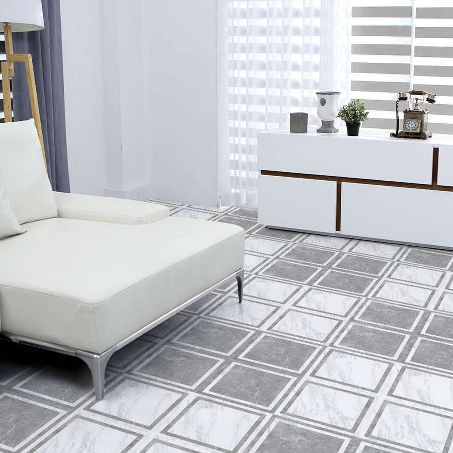 Sala de estar minimalista con sofá blanco y suelo con patrón de mármol. — Azulejos de Piso Fondos de pantalla