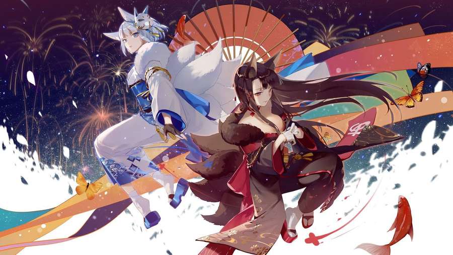 Two anime characters in festive kimonos dancing with fireworks and butterflies at night. — Azur Lane Wallpaper