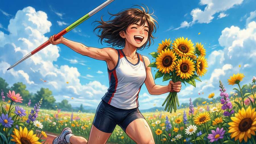 Javelin joyfully running through a sunflower field on a sunny day. — Azur Lane Javelin Wallpaper