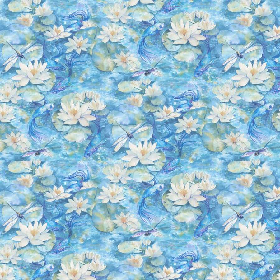 Bunga lili air, capung, dan daun lili dalam pola cat air kolam biru. — Azure Blue Wallpaper