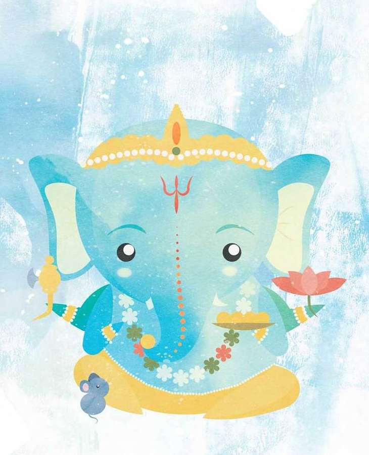 Cute blue cartoon Ganesha holding lotus and sweets with mouse companion on watercolor background. — Baby Ganesh Wallpaper