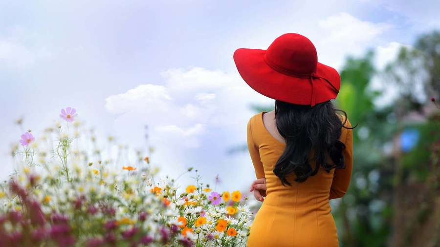 Woman in red hat and yellow dress standing in a field of colorful wildflowers under a blue sky. — Back Background