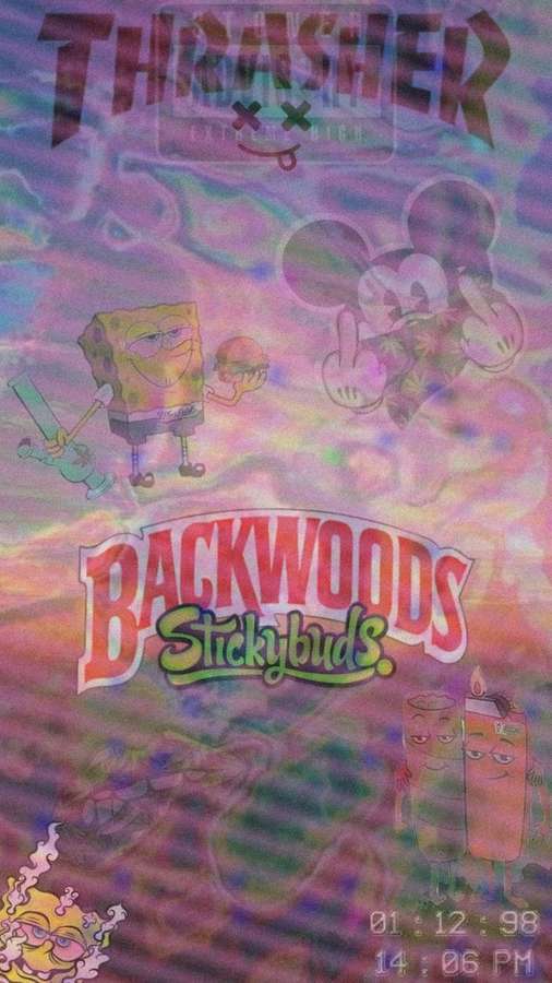 Bob Esponja e Mickey Mouse em um design colorido glitchy vaporwave com a marca Backwoods. — Backwoods Papéis de Parede