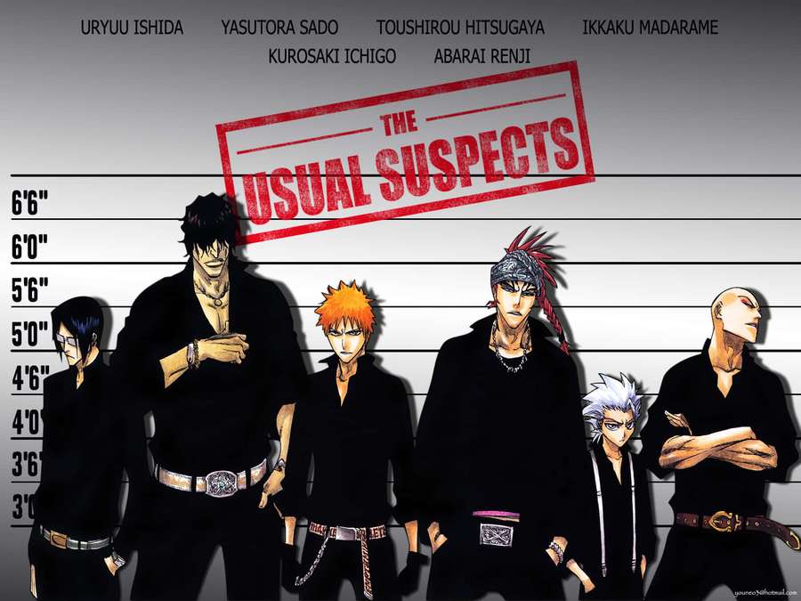Six anime characters in black outfits stand in a police lineup pose with 'The Usual Suspects' stamp. — Bad Boy Anime Wallpaper