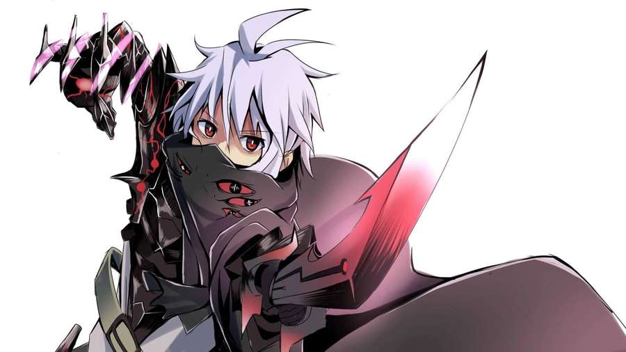 Anime character with silver hair and red eyes holding a glowing sword and demonic arm. — Bad Boy Background