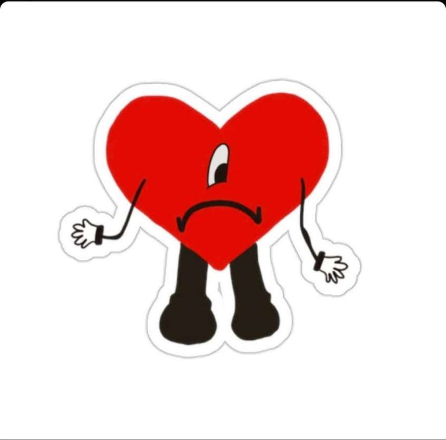 A red cartoon heart character looking sad with arms raised. — Bad Bunny Heart Wallpaper