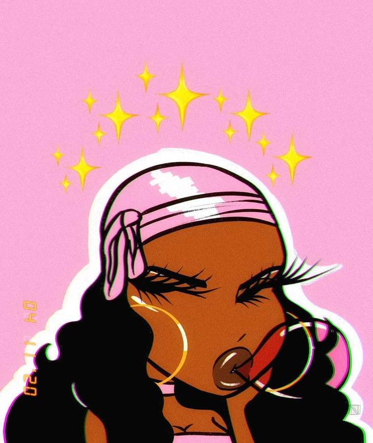 A stylized woman with pink headband and hoop earrings surrounded by yellow stars on pink background. — Baddie Cartoon Wallpaper