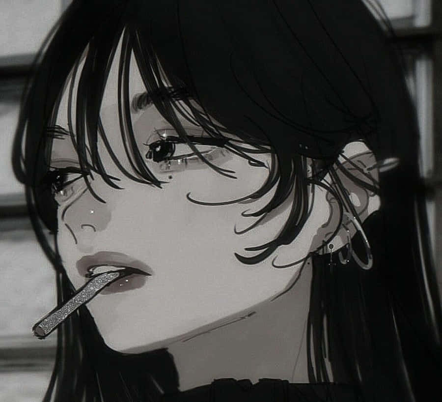 Anime girl with dark hair and piercings smoking a cigarette in grayscale. — Baddie Pfp Background