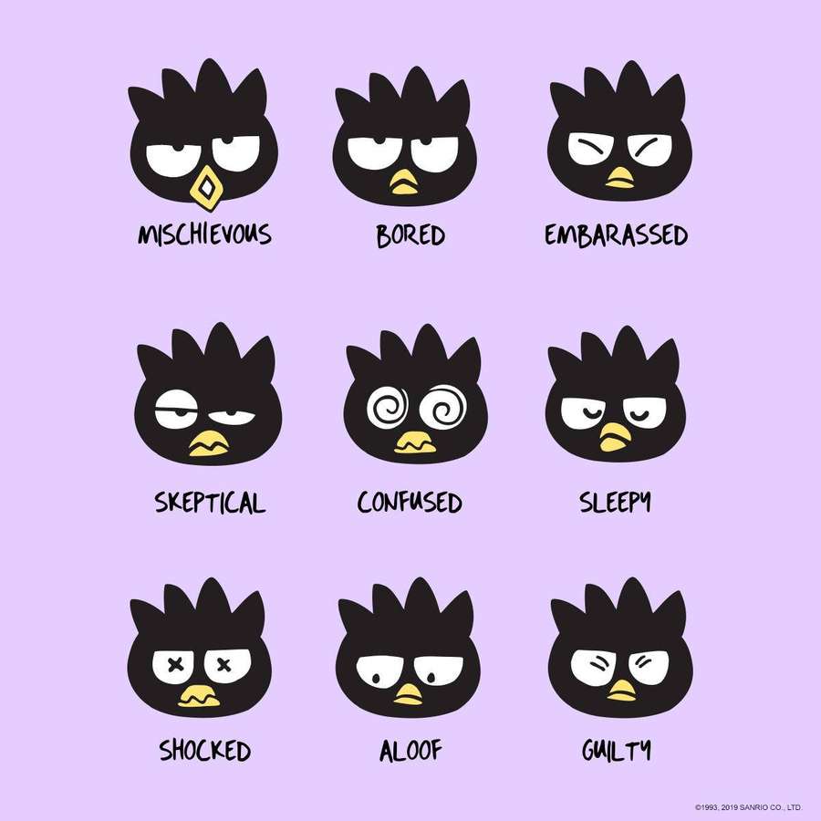 Nine cartoon bird faces showing different emotions like mischievous bored and guilty. — Badtz maru Picture