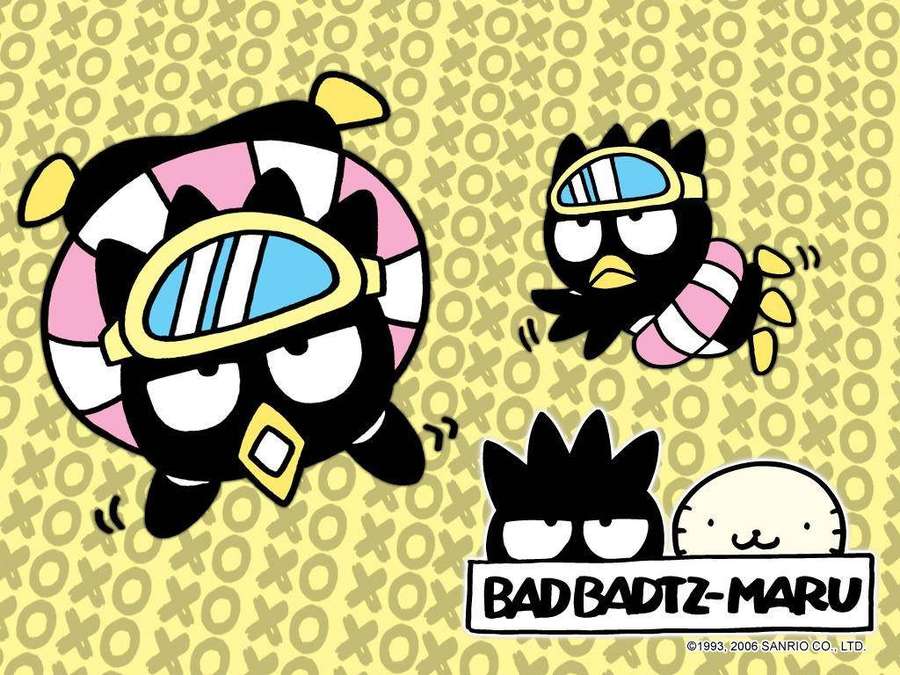 Two cartoon penguins racing in helmets with two small characters watching below. — Badtz maru Wallpaper