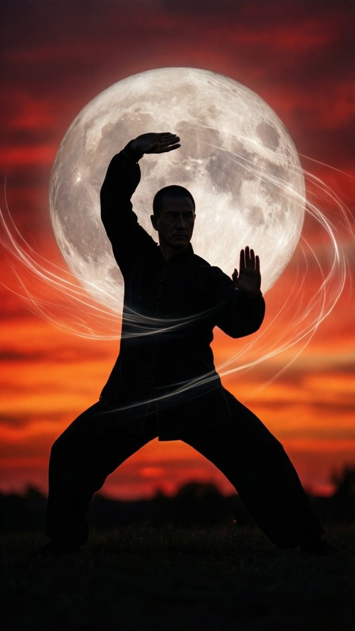 Silhouette Bagua practitioner against full moon. — Bagua Background